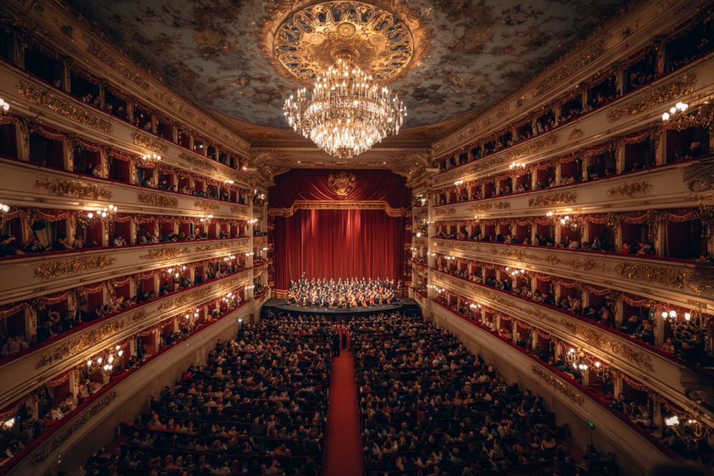 The grand interior of Teatro alla Scala in Milan with red velvet boxes and golden balconies, a top destination for an Italian music travel guide.