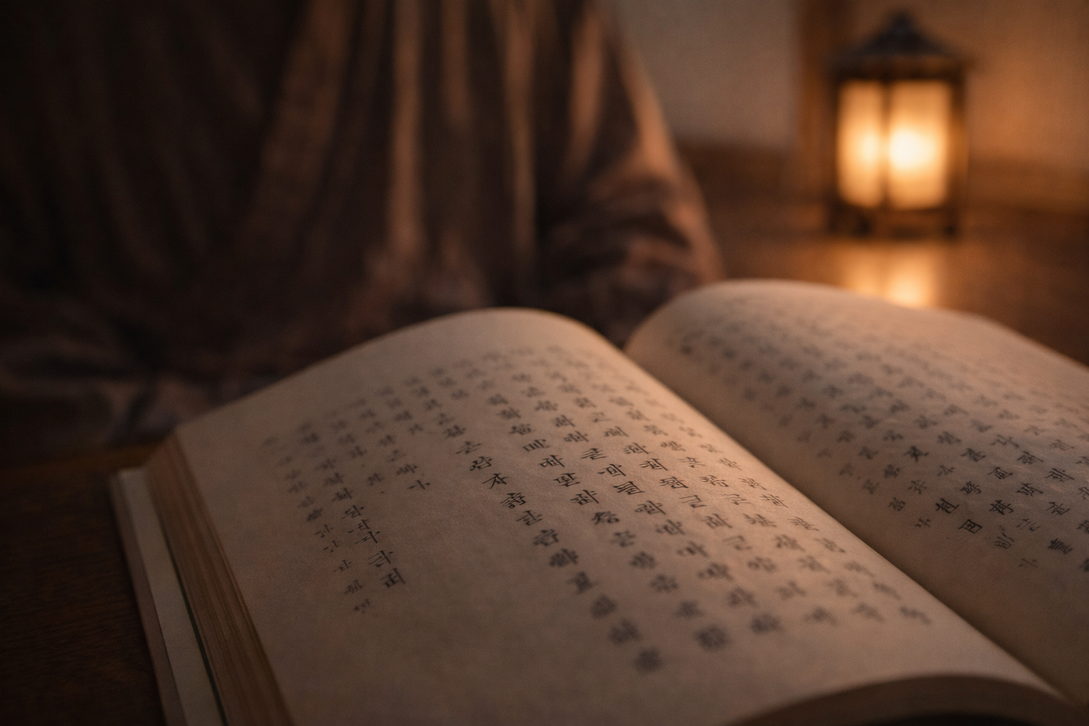 Lantern-lit chanting book texture with robes softly blurred behind.