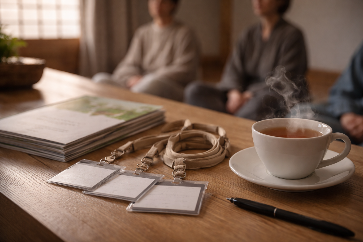 Welcome desk with tea and lanyards for a temple stay program.