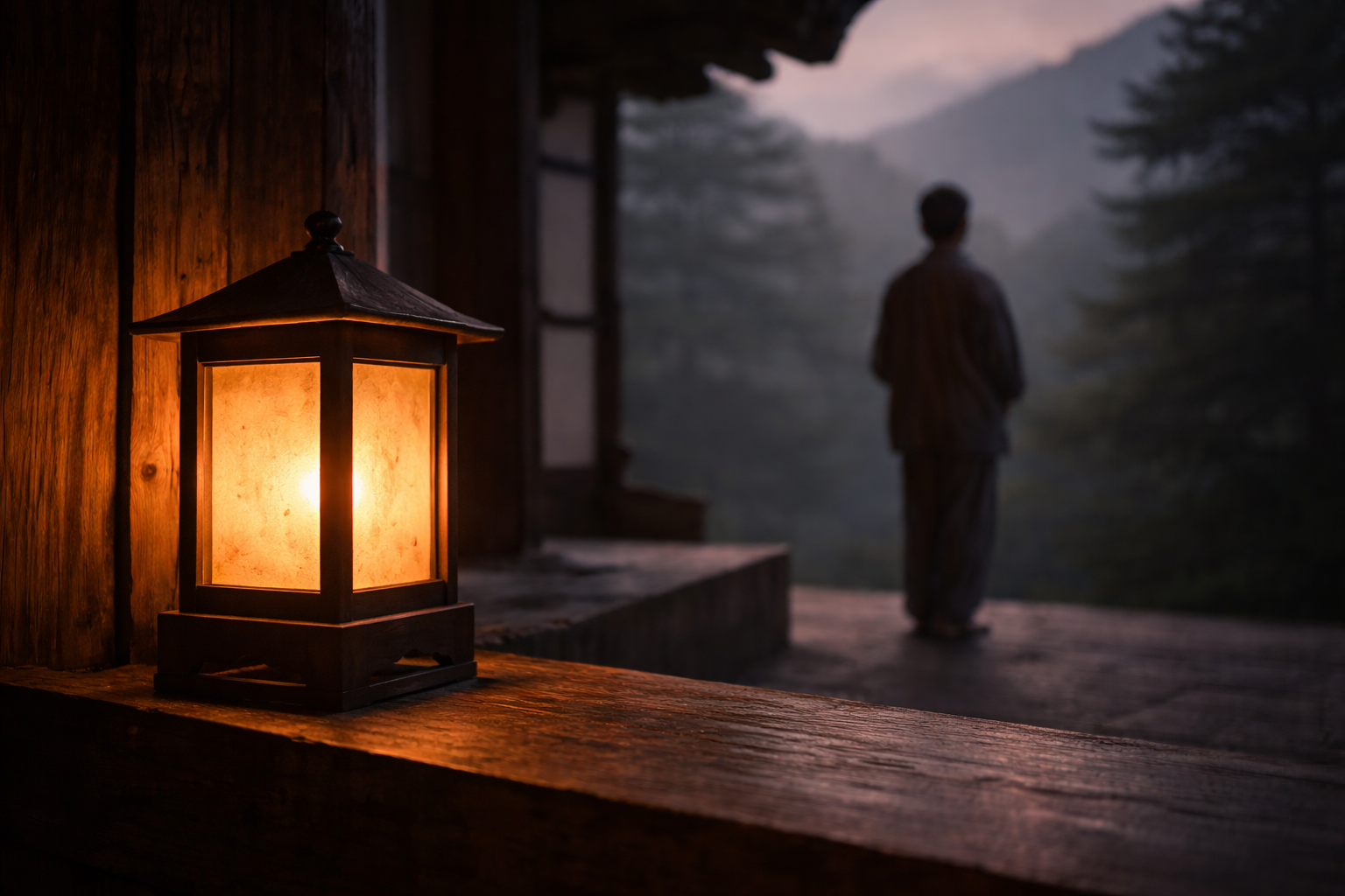 Warm temple lantern glow at dusk with a quiet silhouette in the background.