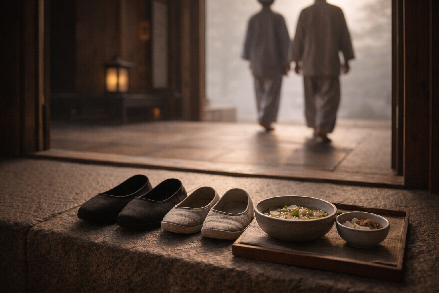 Shoes neatly placed at a temple entrance threshold.