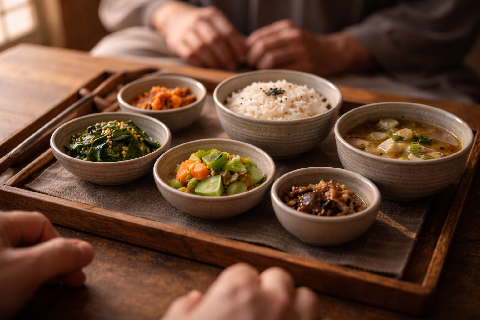 Simple temple meal tray with small bowls in warm daylight.