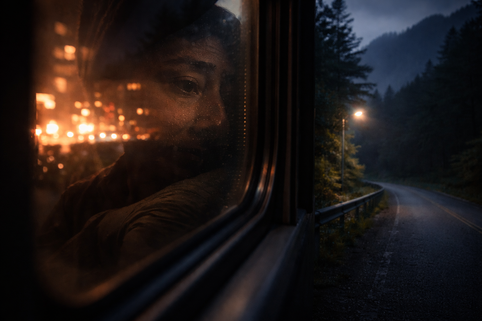 Quiet transition from city glow to mountain calm seen through a window.