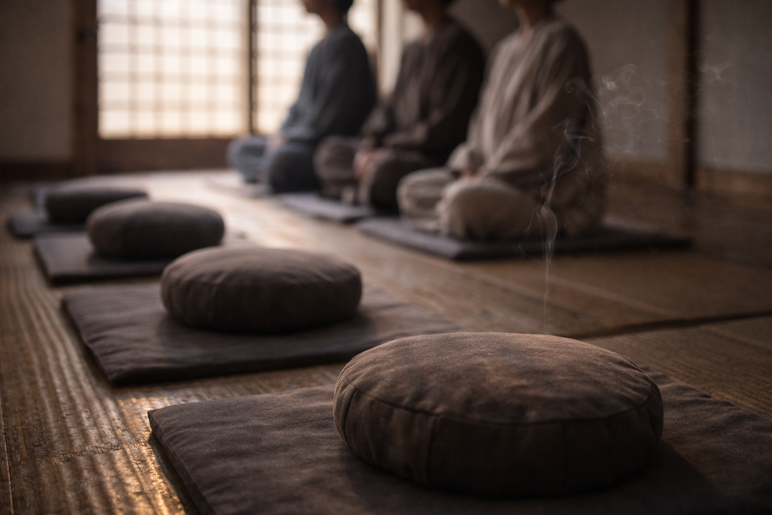 Meditation cushions with soft silhouettes of participants in a calm hall.
