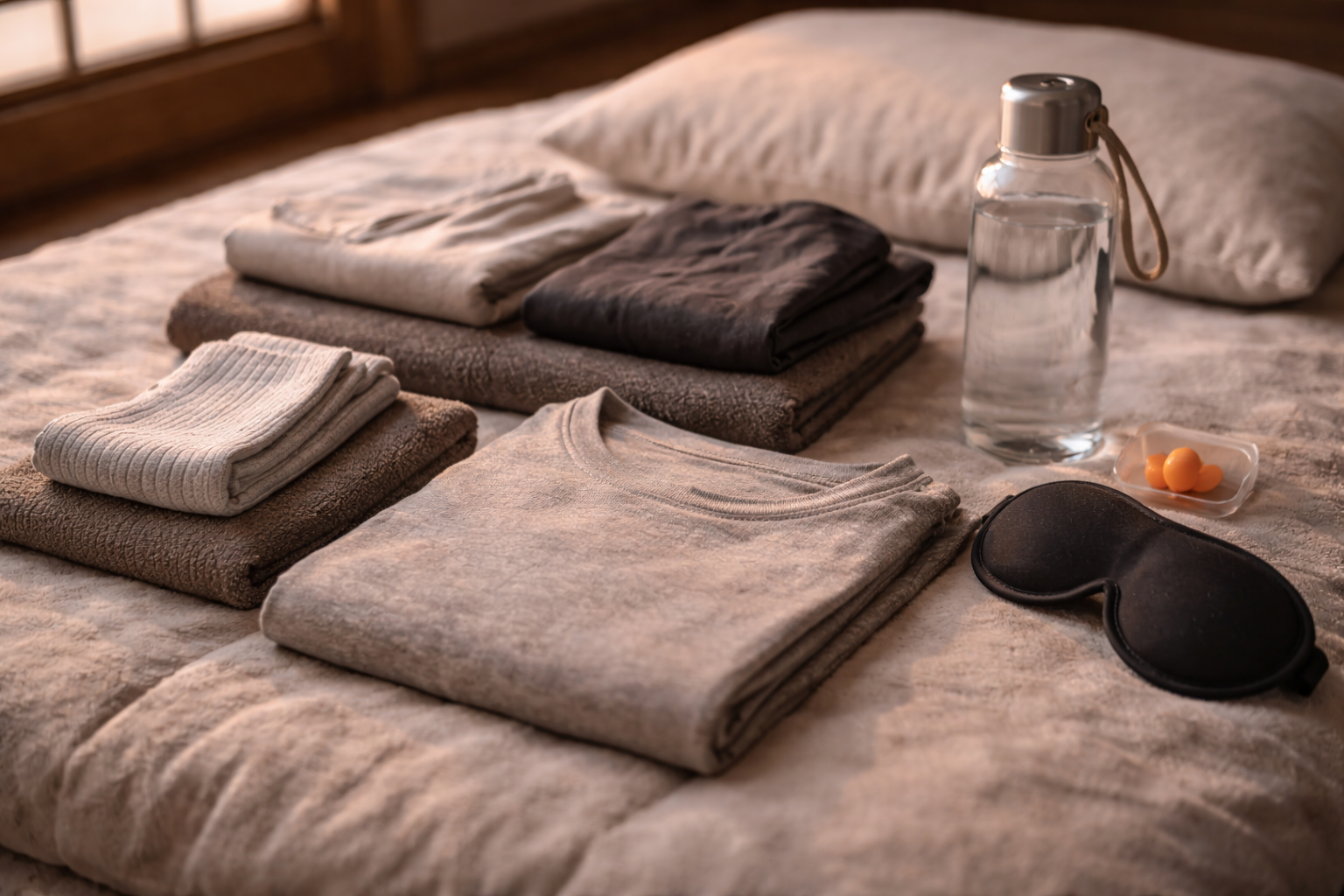 Minimal temple stay packing layout with layers and essentials.
