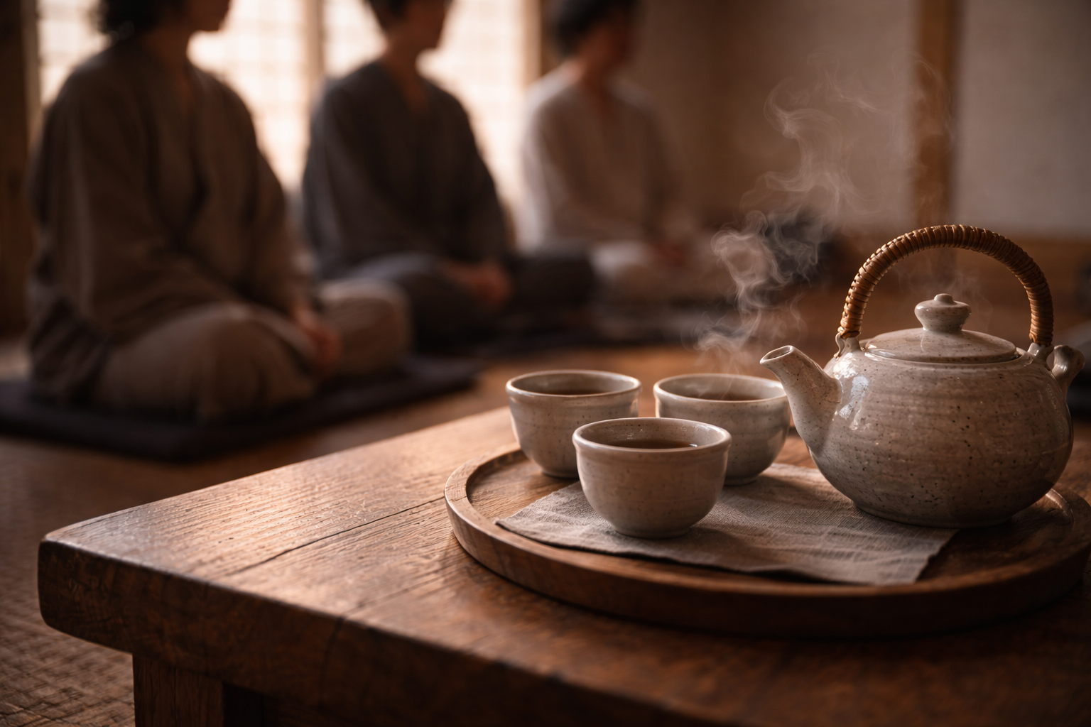 Simple tea set with soft silhouettes during a calm temple conversation.