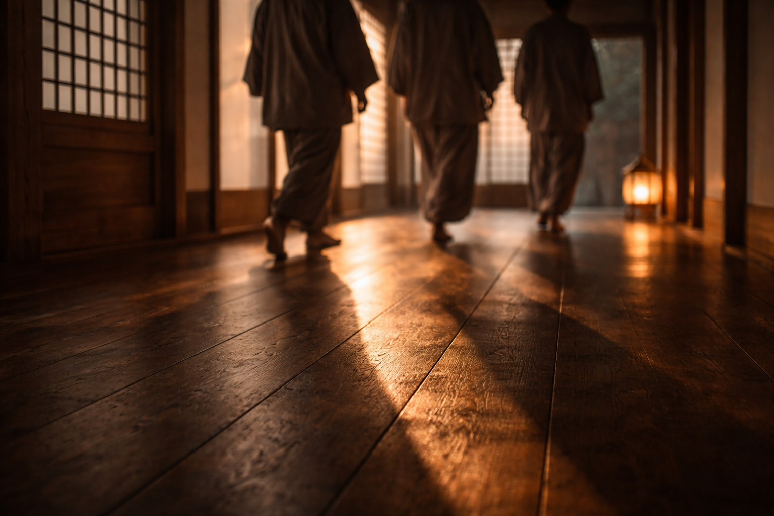 Temple Stay in South Korea: Quiet dawn corridor walk during a temple stay routine.