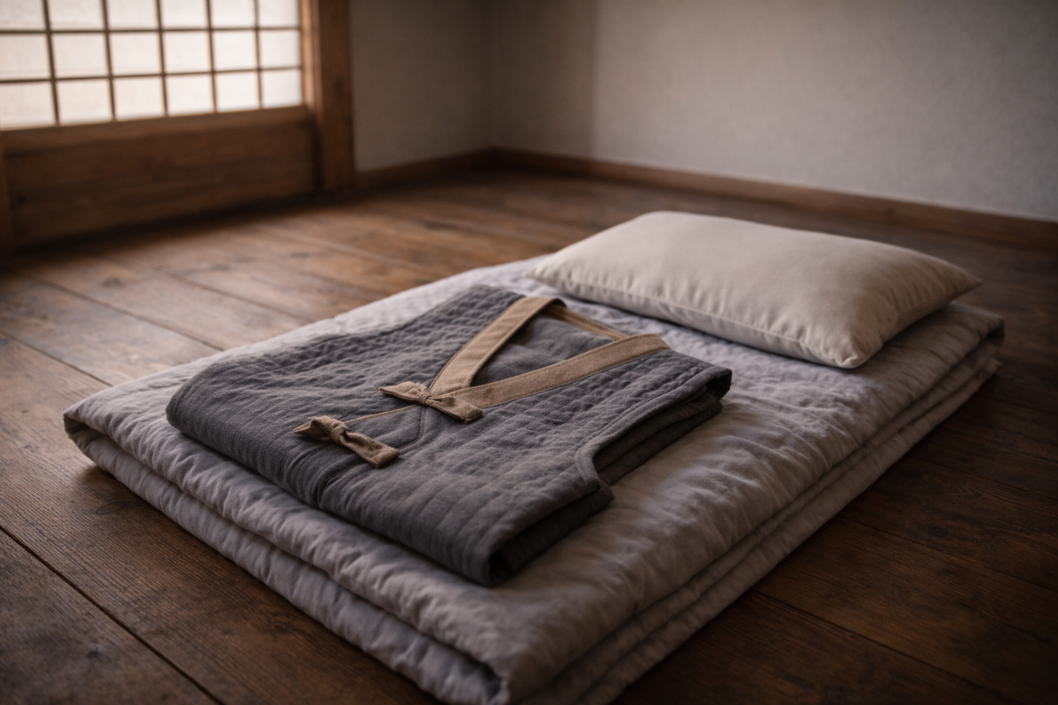 Temple Stay in South Korea: Simple temple stay room setup with folded clothing and bedding.
