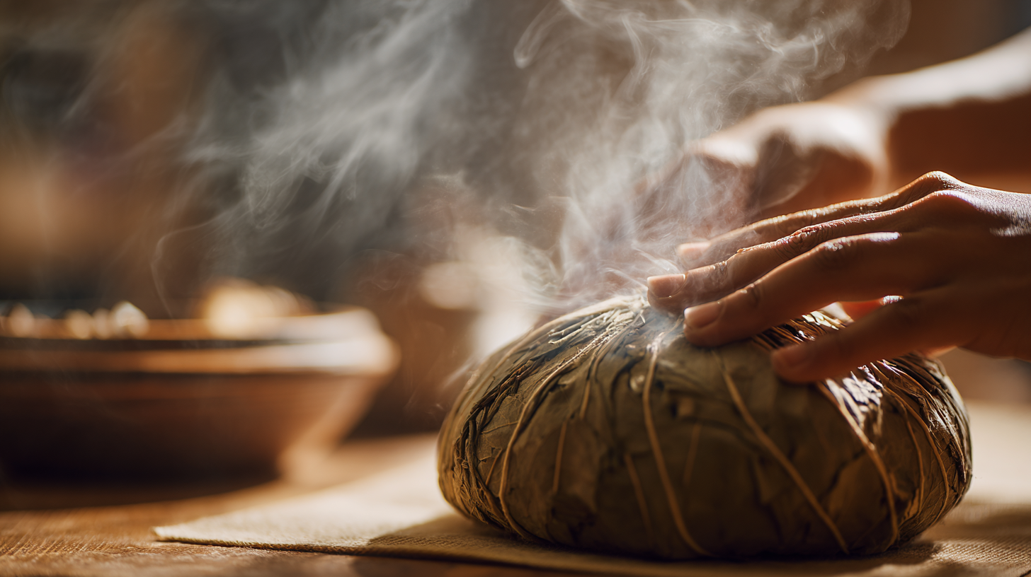 Close-up of steaming Thai herbal compress in warm spa light.