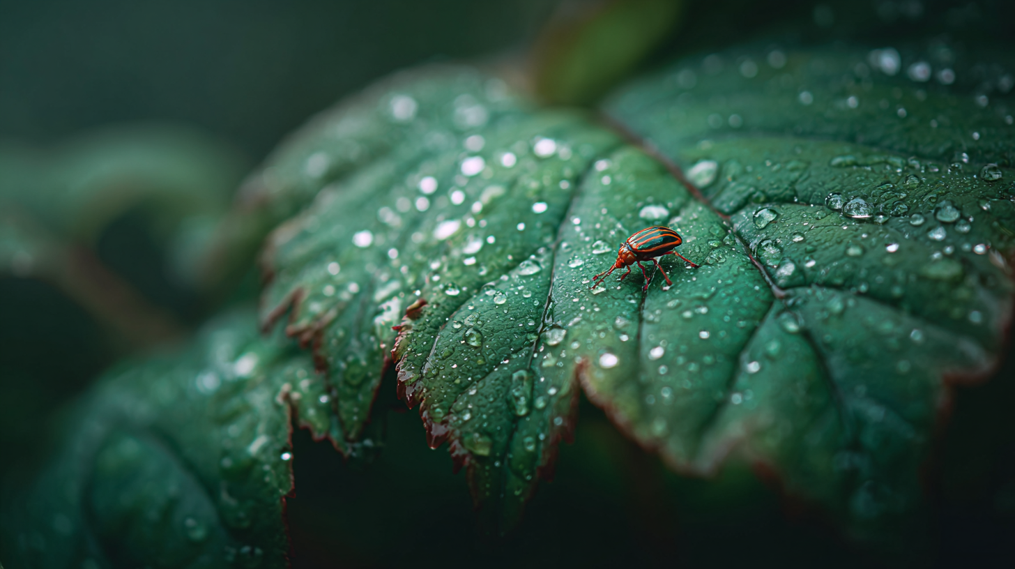 Thailand wildlife: Close-up of dew on a tropical leaf with a small insect.