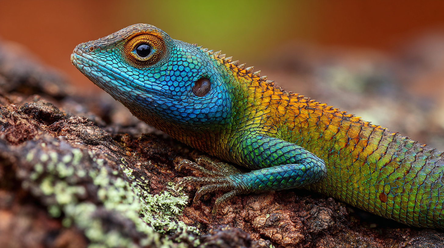 Thailand wildlife: Close-up of a colorful Thai forest lizard on bark.