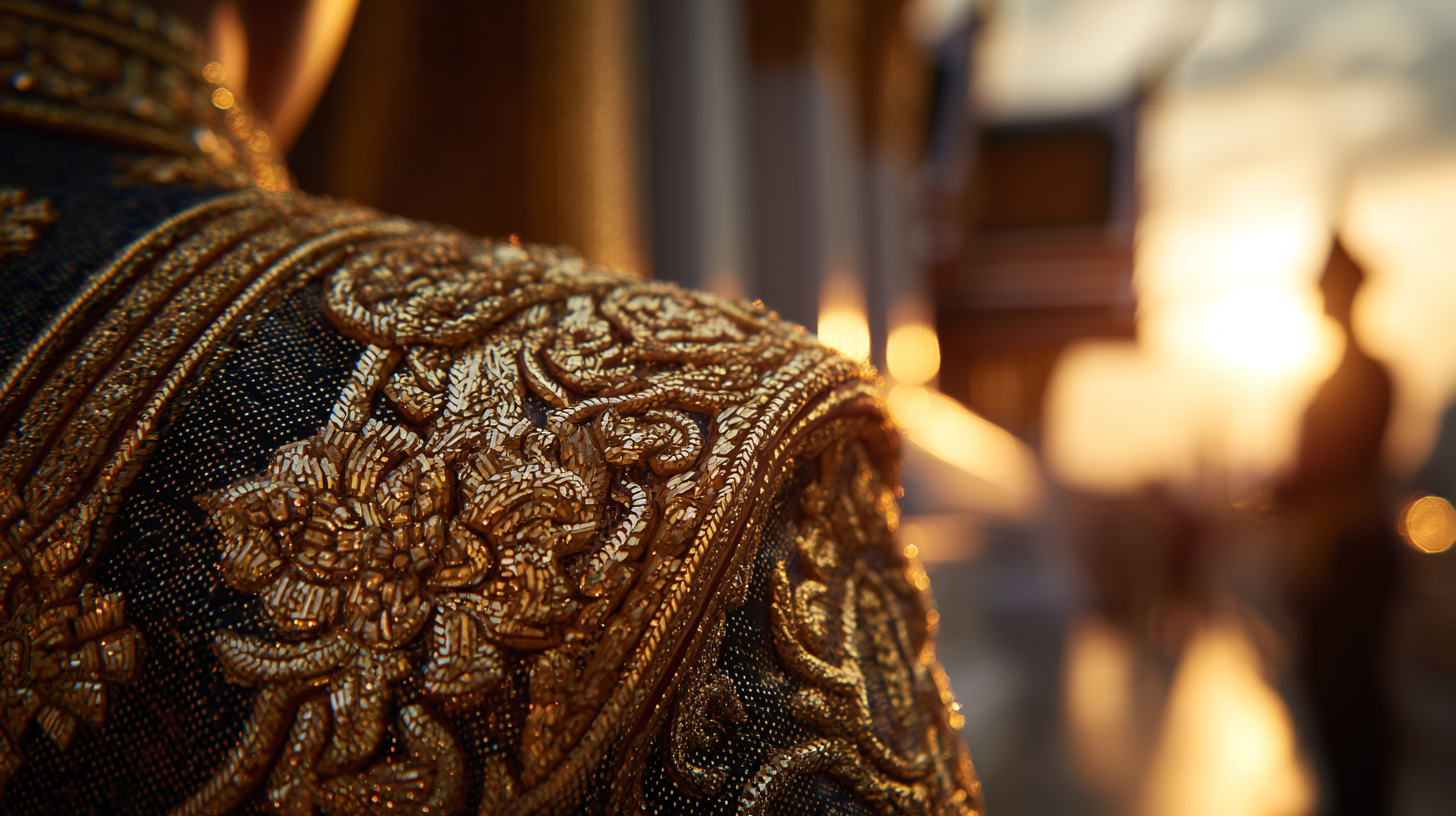 Close-up of ornate golden Thailand royal patterns glowing in warm light.
