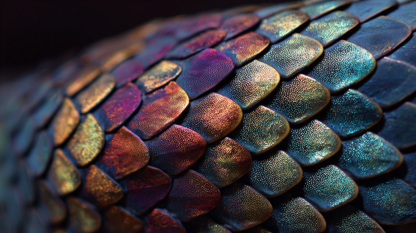 Close-up of iridescent snake scales in soft forest light.