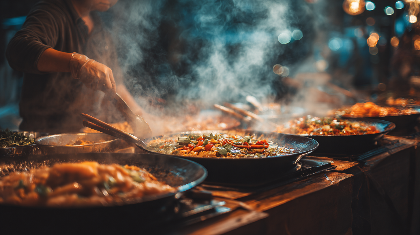 Close-up of sizzling Thai street food with rising steam.