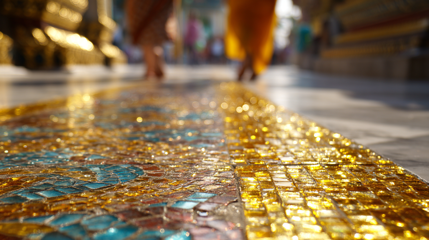 Close-up of golden Thai temple mosaic illuminated by sunlight.