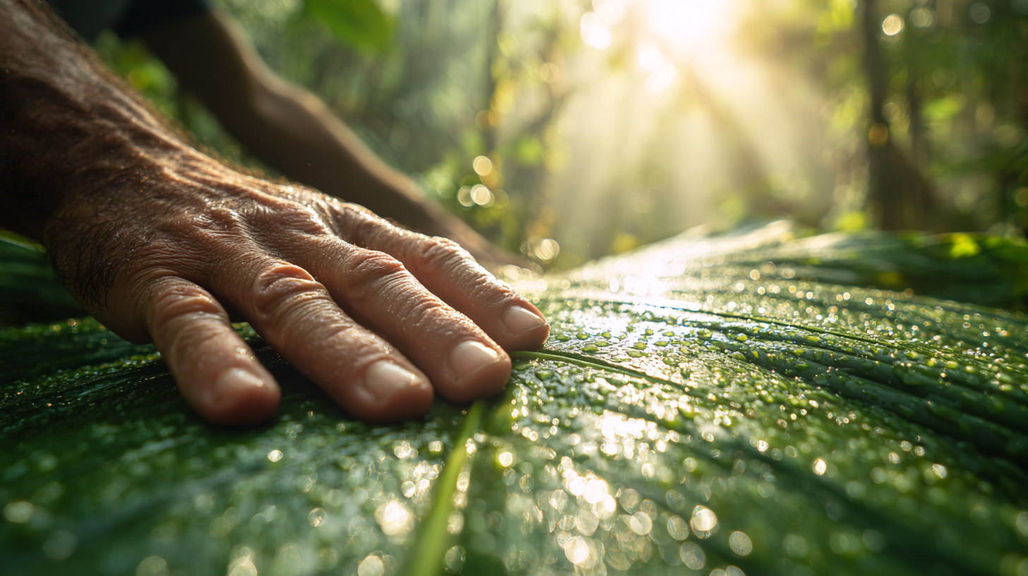 Close-up of hands touching a dewy tropical leaf in soft forest light.