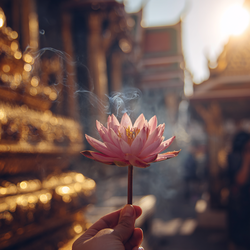 Close-up of Thai temple patterns, lotus, and incense in warm sunlight.