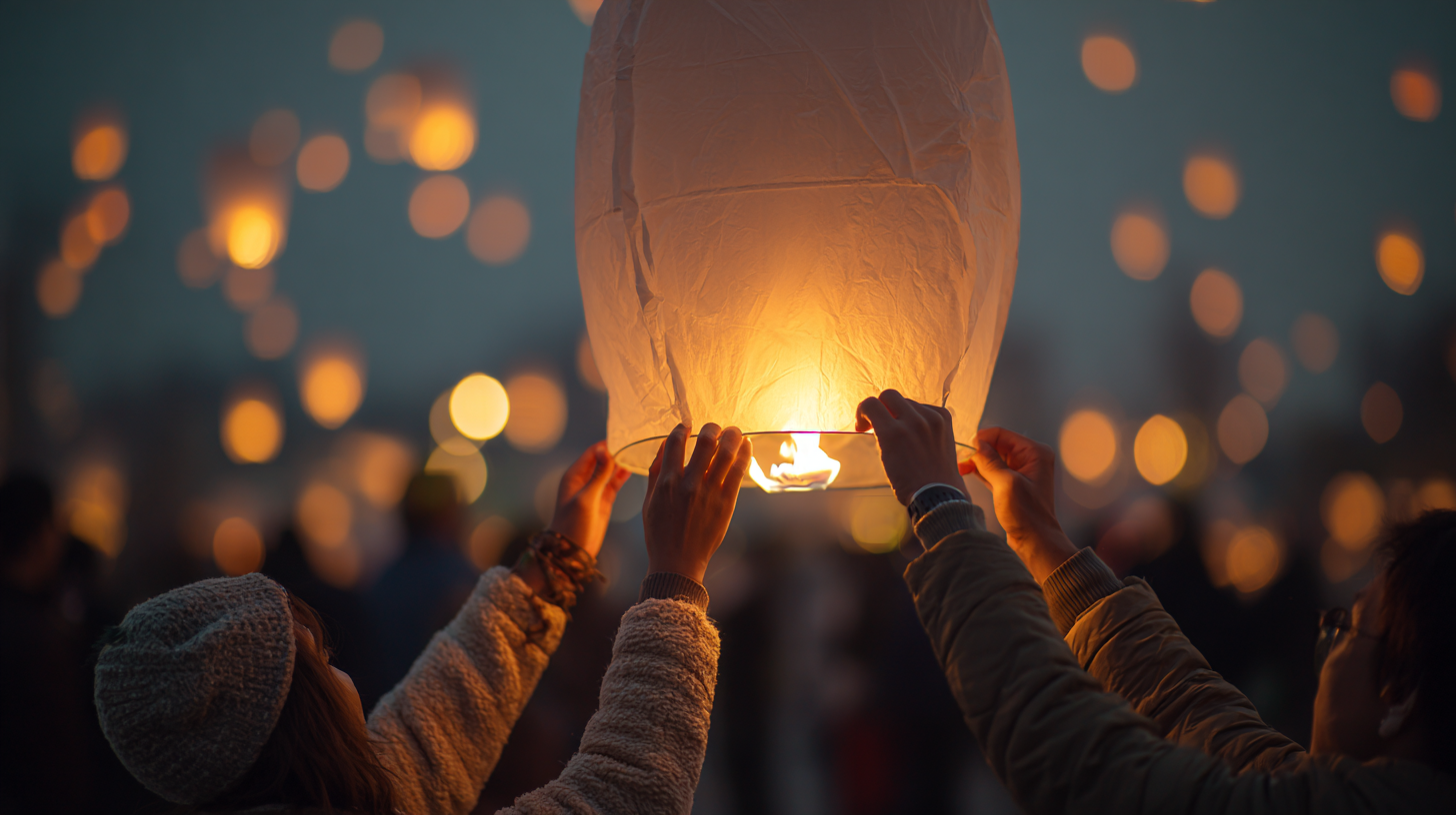 Close-up of hands releasing a glowing sky lantern at dusk.