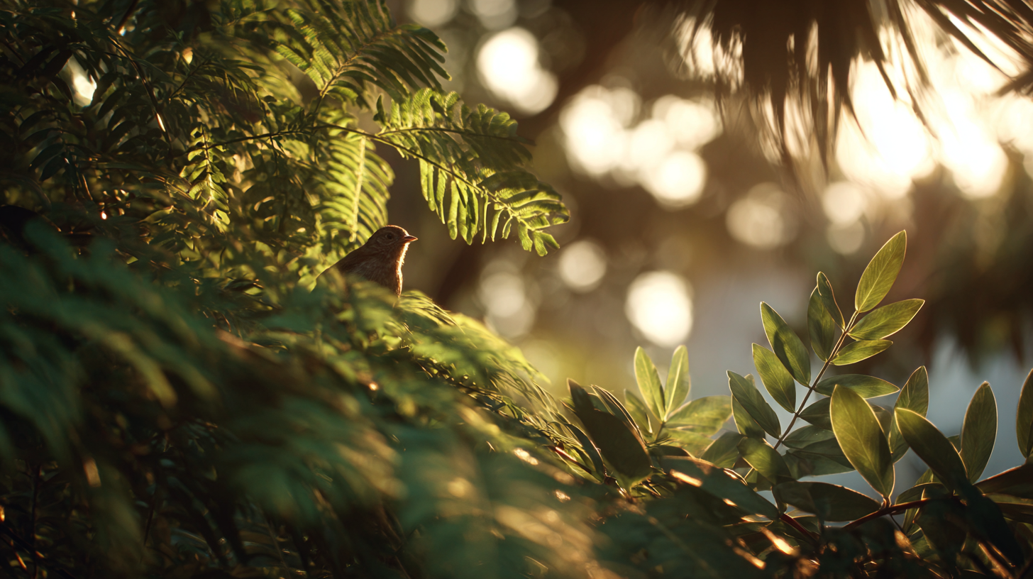 Close-up of tropical leaves with a soft animal silhouette behind them.