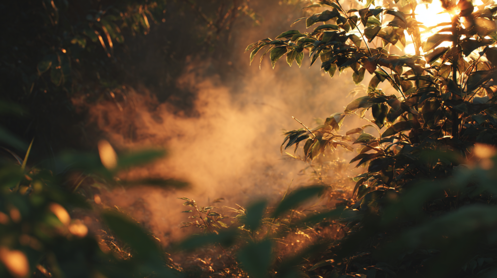 Close-up of misty Thai jungle canopy at dawn.