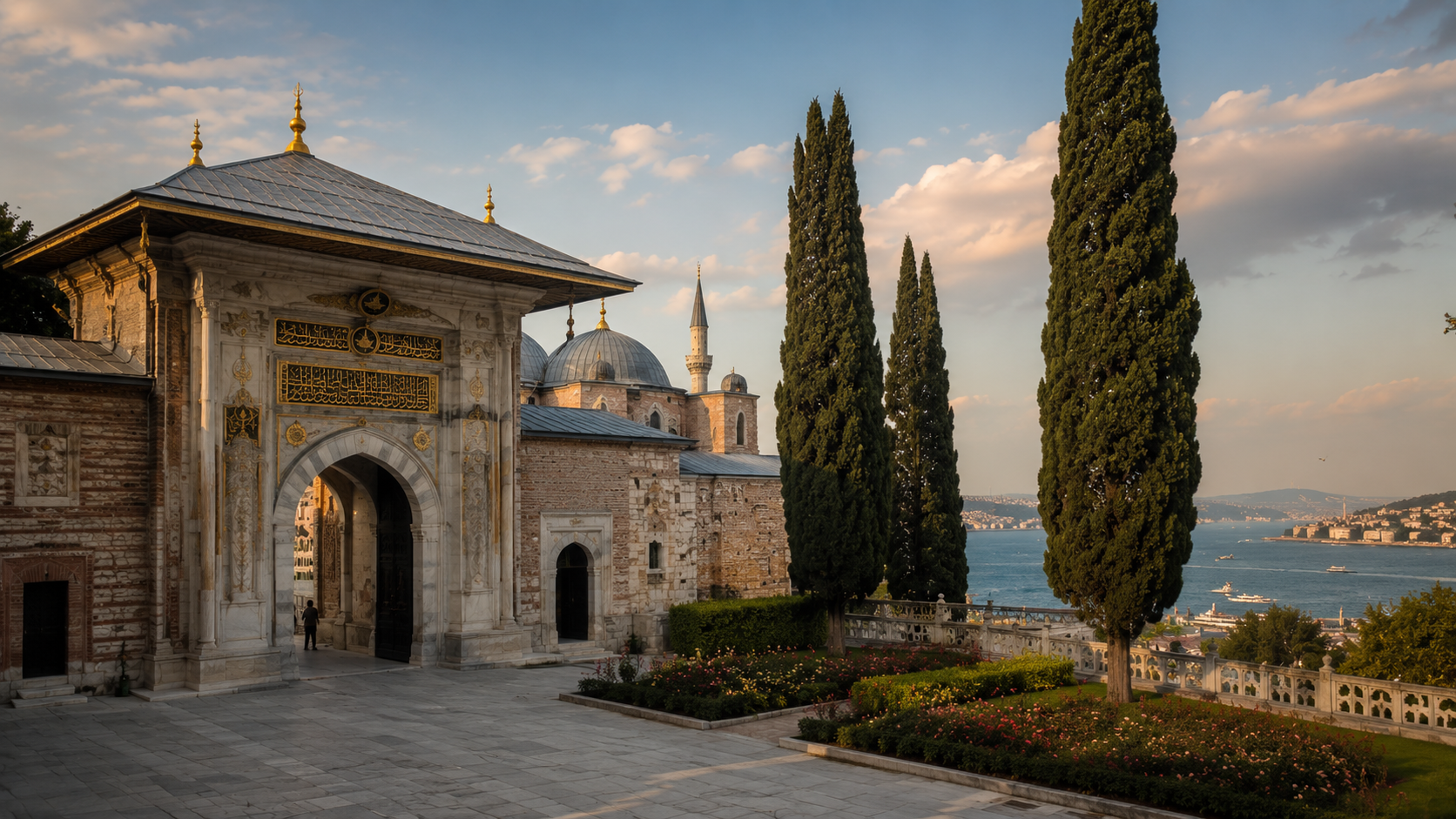 Topkapi Palace courtyard in Istanbul with Ottoman gates, cypress trees, and stone paths