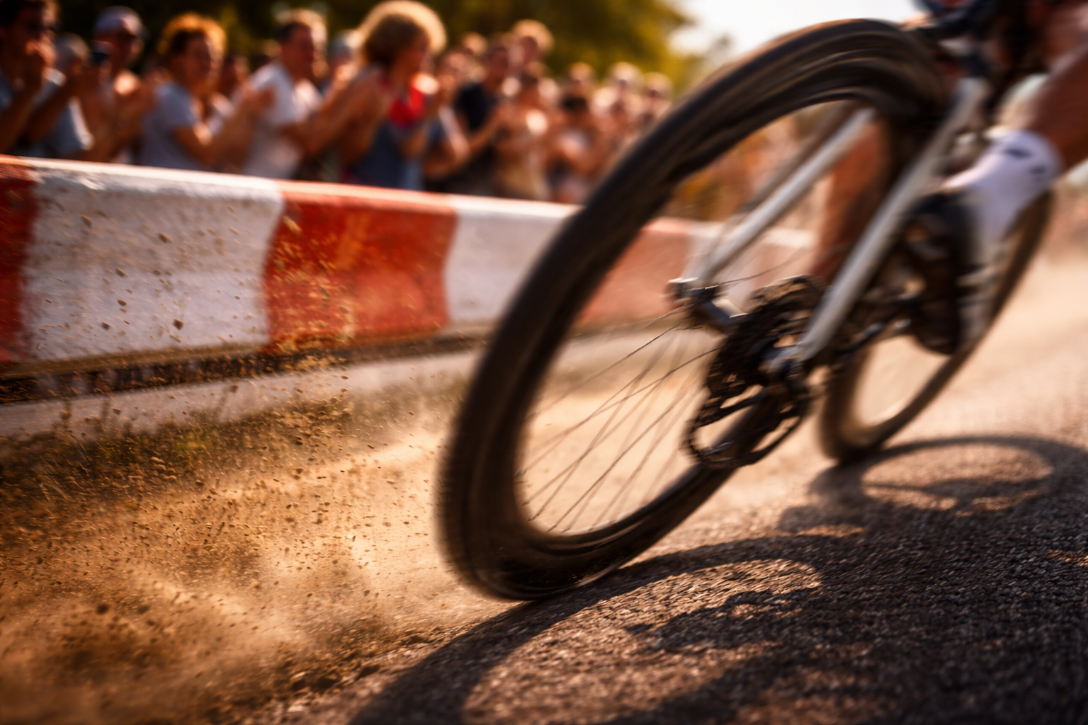 Motion-blur close-up of a racing bicycle wheel and cheering crowd.