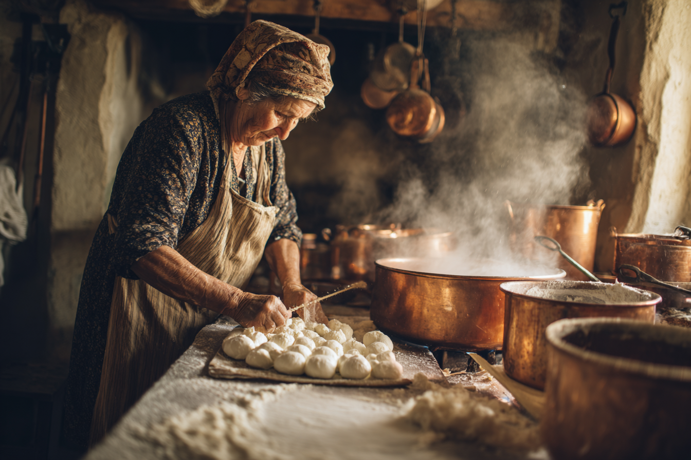 Making fresh mozzarella cheese by hand in a traditional Italian farmhouse kitchen.