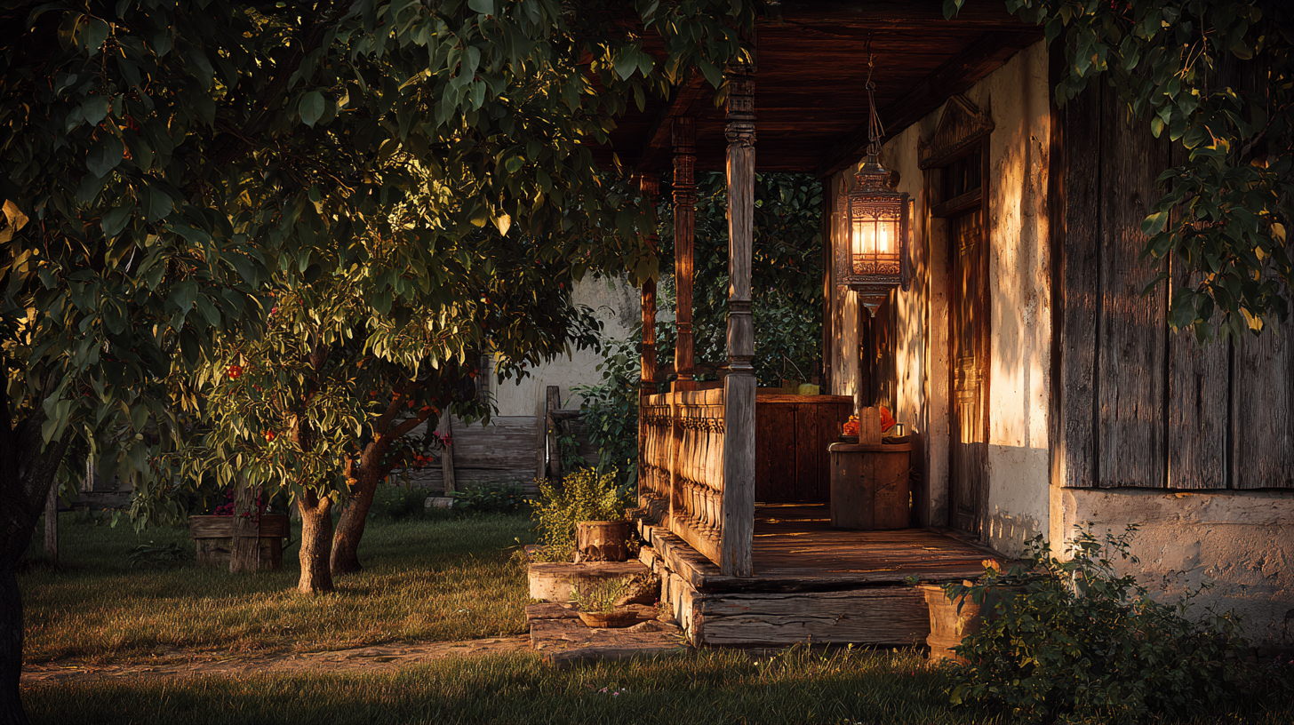 Traditional Romanian Villages: Lantern glow on a carved porch in a Romanian village at evening.