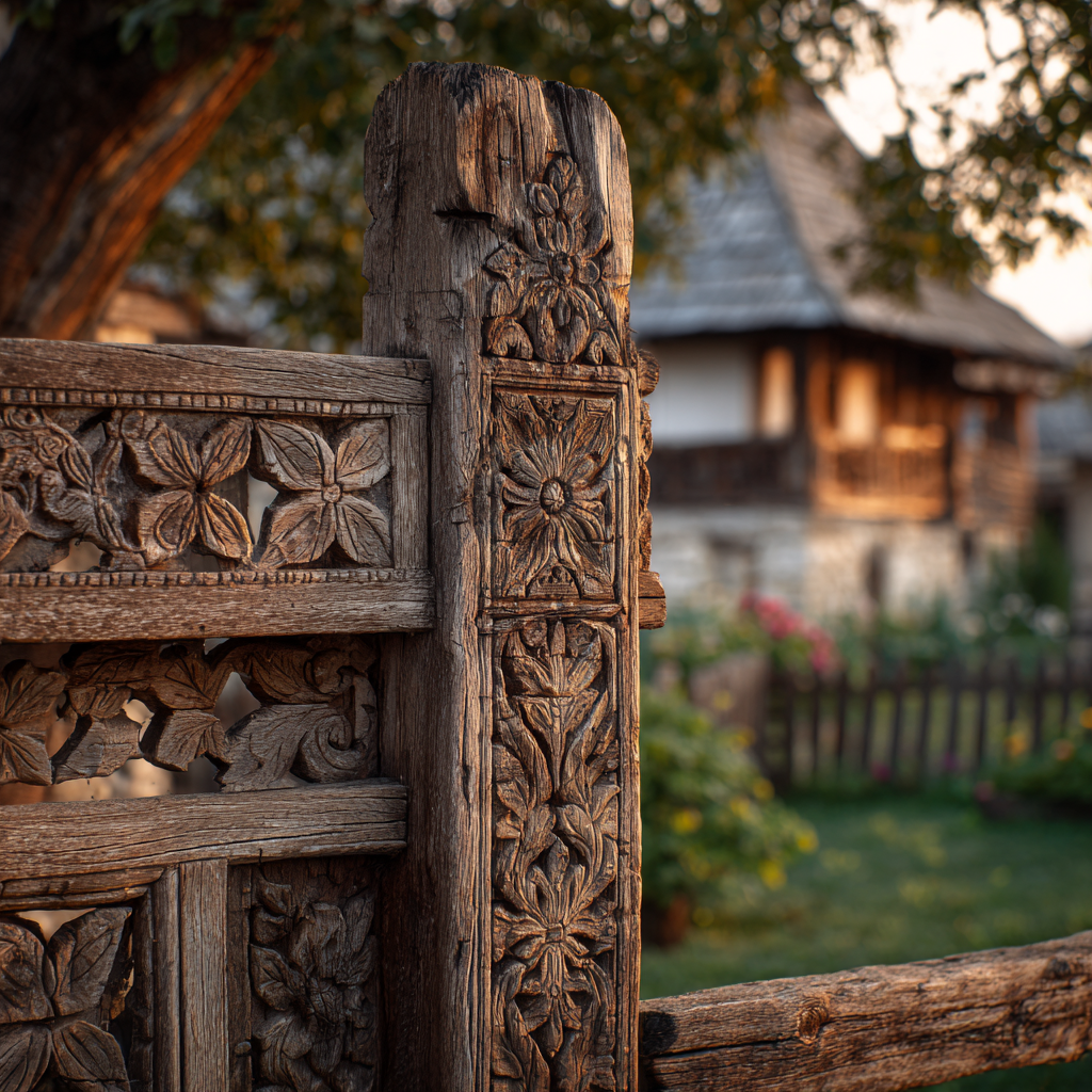 Close-up of a carved wooden gate in a Romanian village with warm evening light.