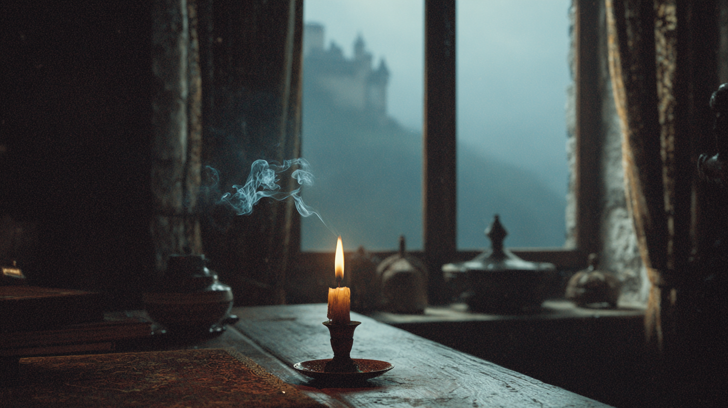Transylvania Myths and Legends: Candle smoke in a medieval Transylvanian room with castle and mist beyond the window.