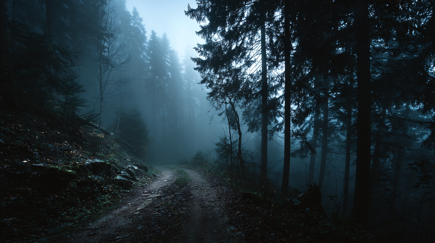 Dark misty Transylvanian forest with old road and moonlight.