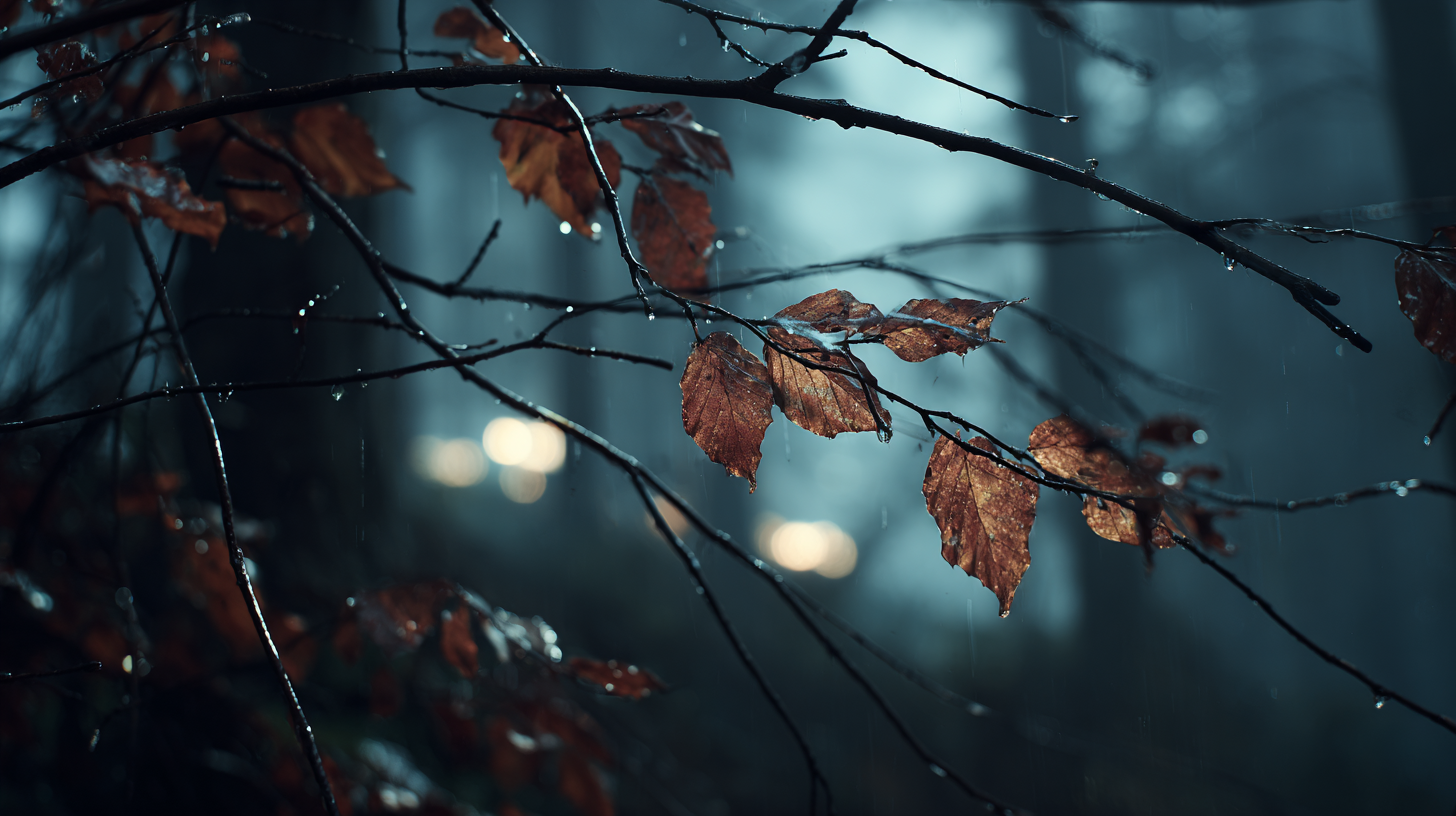 Wet leaves and twisted branches in a twilight Transylvanian forest.