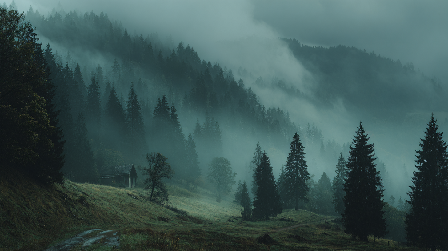 Misty Transylvanian valley with dark forest and mountain silhouettes.