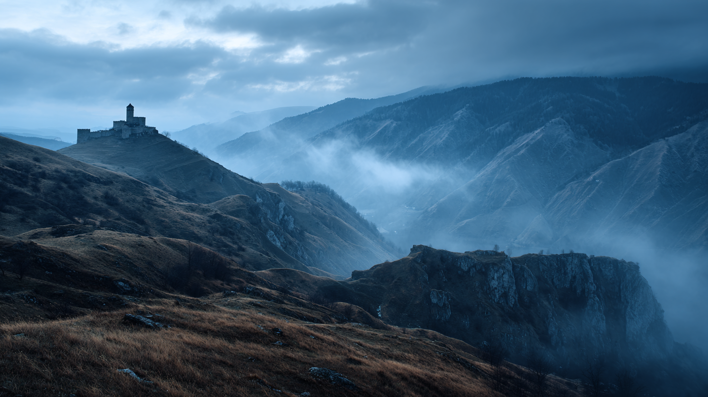 Transylvania Myths and Legends: Misty Transylvanian mountains with a fortress silhouette on a ridge.