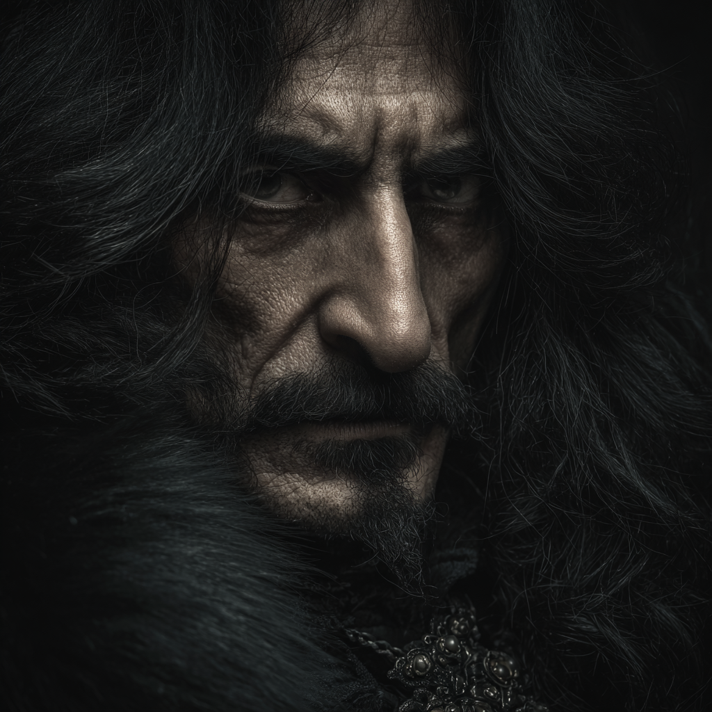 Close-up portrait of Vlad the Impaler imagined through Transylvanian legend.