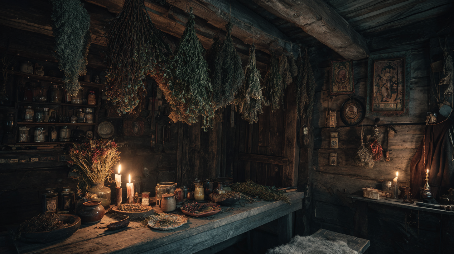 Candlelit Transylvanian village interior with folklore symbols and protective herbs.