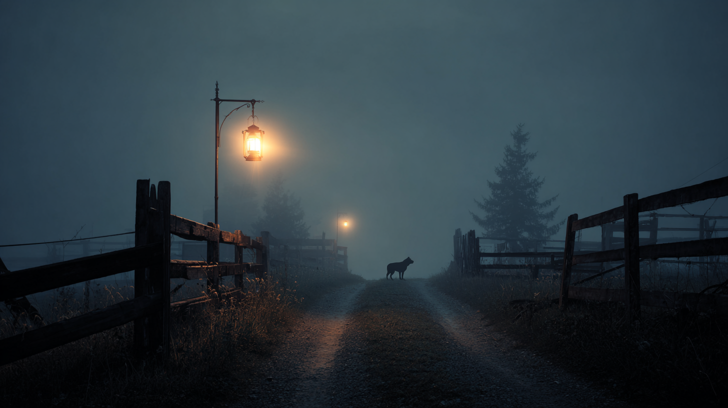 Foggy crossroads in rural Transylvania evoking omens and folklore.