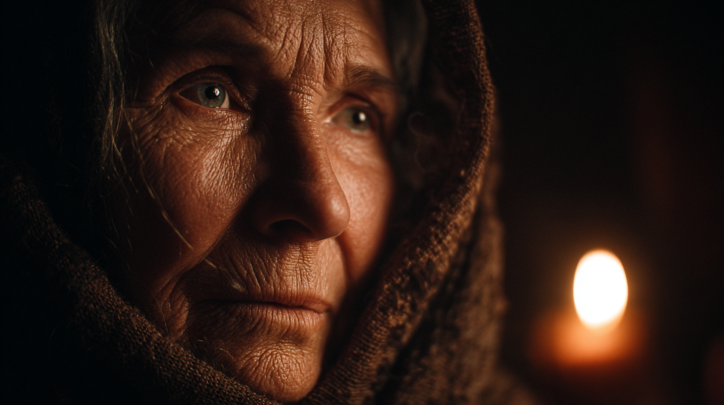 Transylvania Myths and Legends: Portrait of an old Transylvanian woman imagined as a village storyteller.