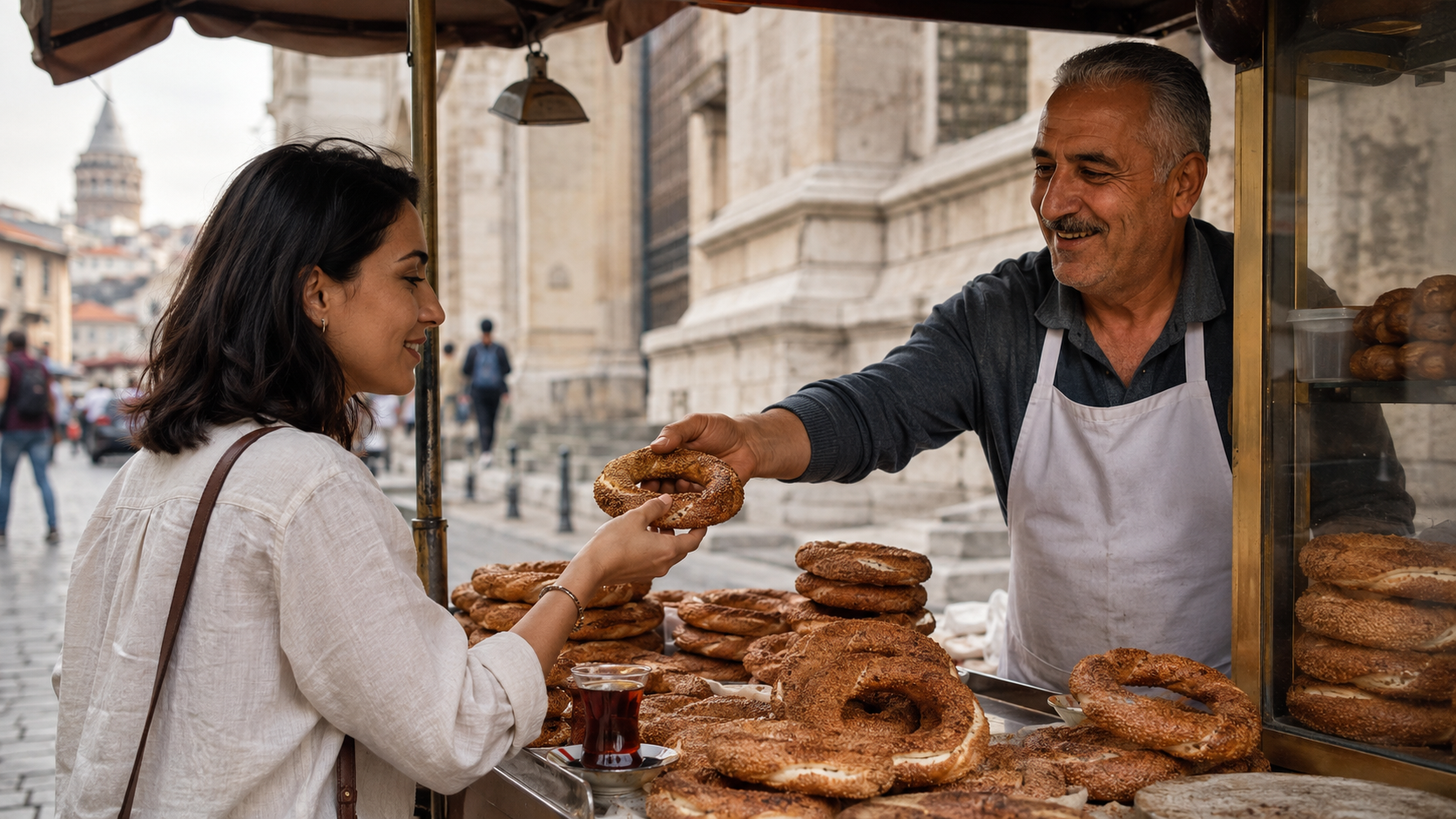 Traveler buying fresh simit from a street vendor in Istanbul