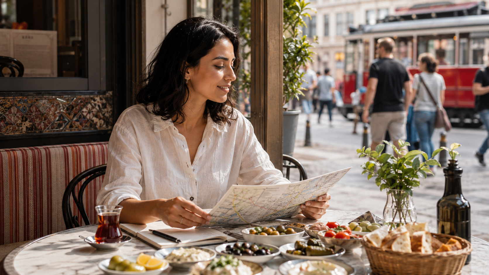 Traveler planning a Turkish food itinerary at a cafe table with meze and tea