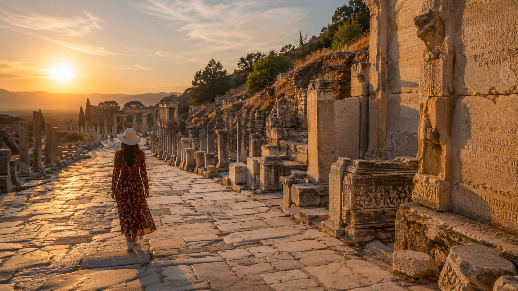 Traveler walking through ancient ruins in Turkey at sunset