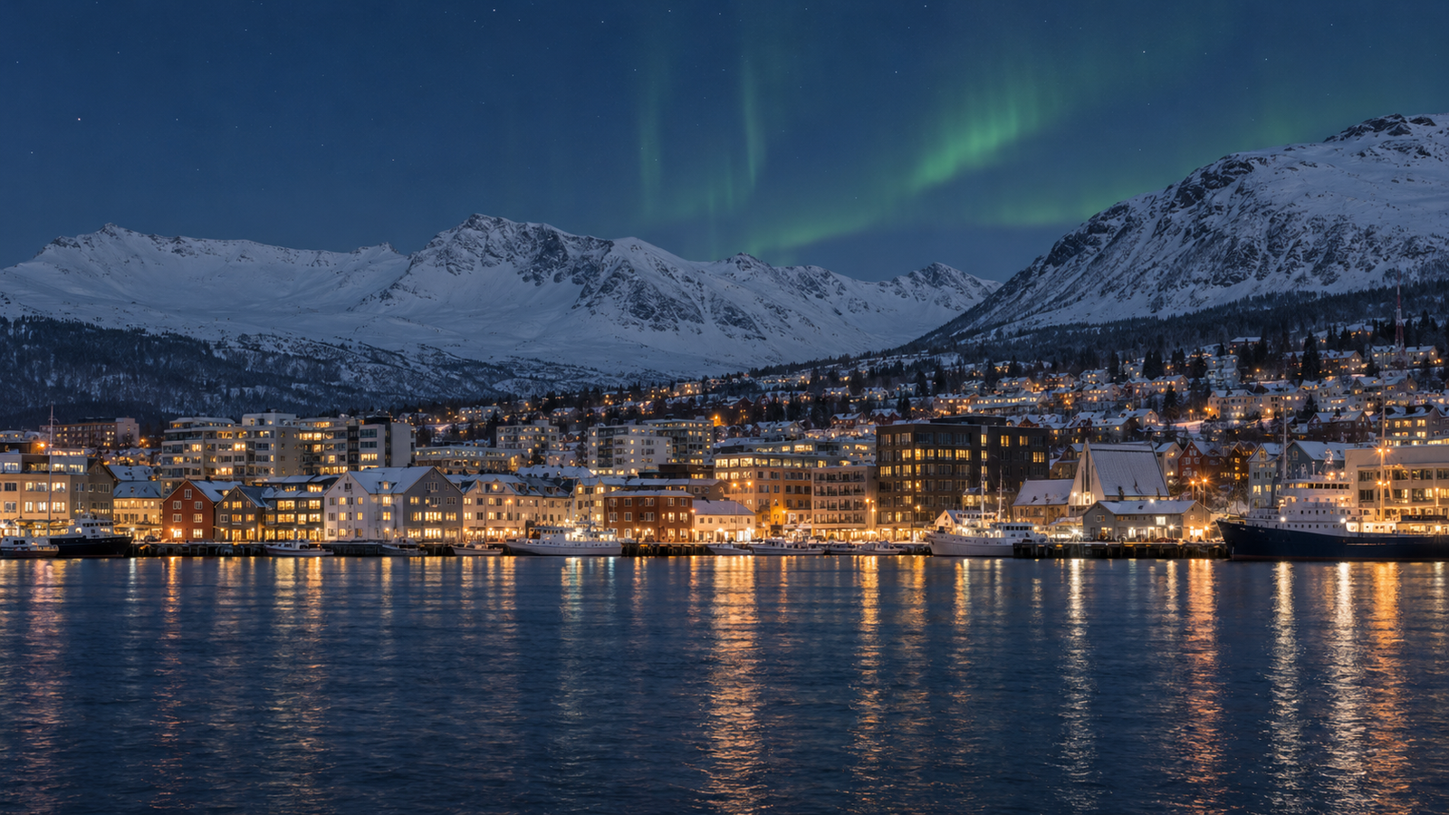 Northern lights above an Arctic waterfront inspired by Tromsø
