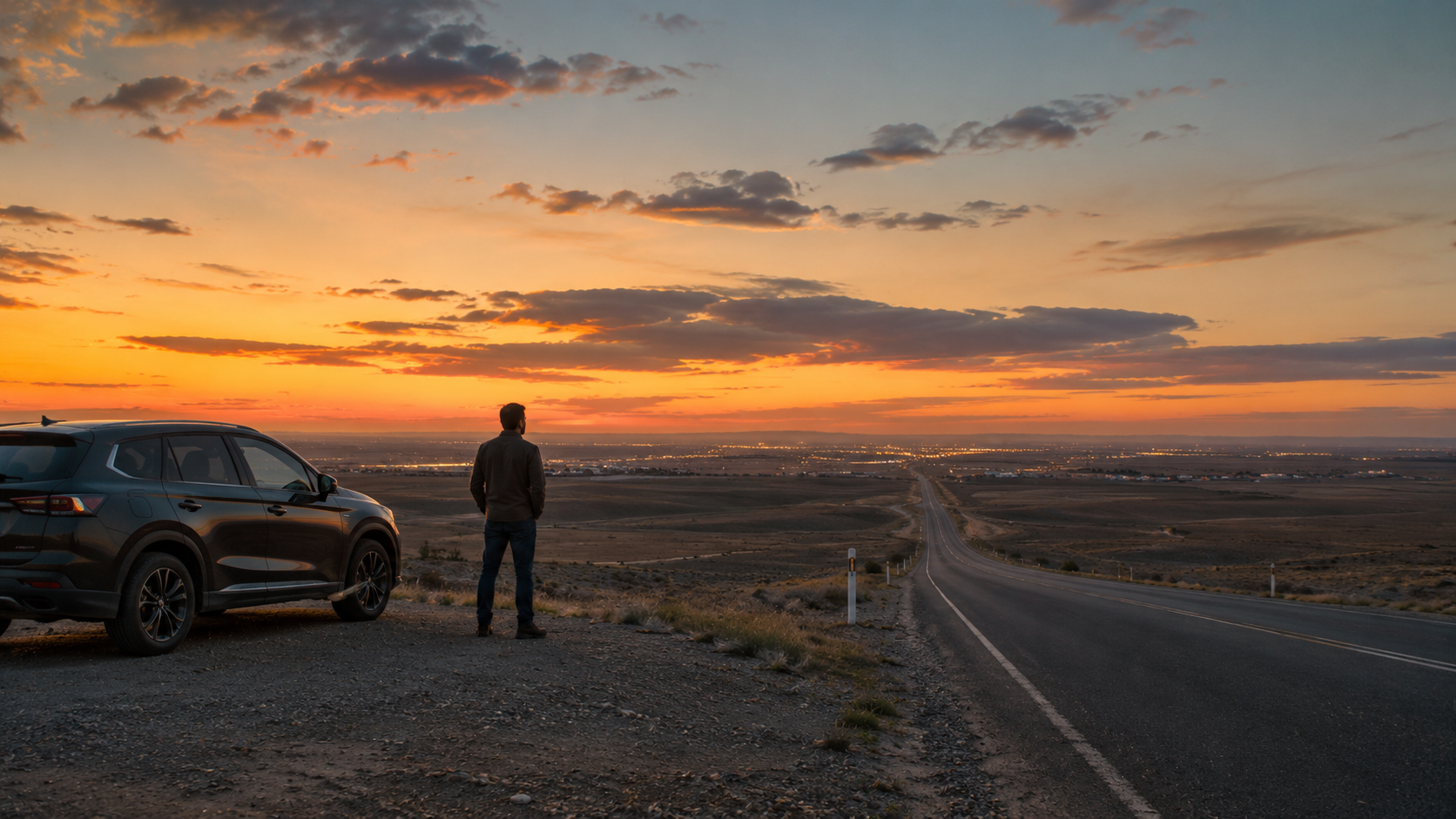 Road between Turkestan and Taraz with steppe horizon and distant city lights.