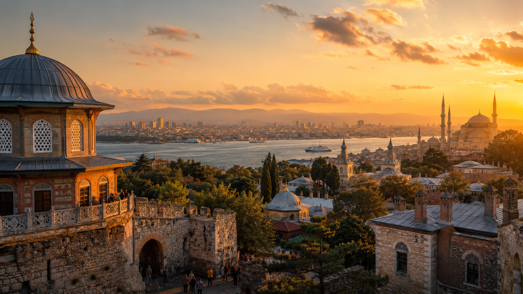 Turkey landmarks at golden hour with domes, stone streets, fortress walls, and palace details
