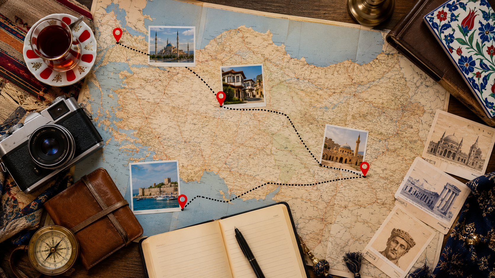 Travel planning map for a Turkey landmarks route with camera, notebook, tickets, and tea