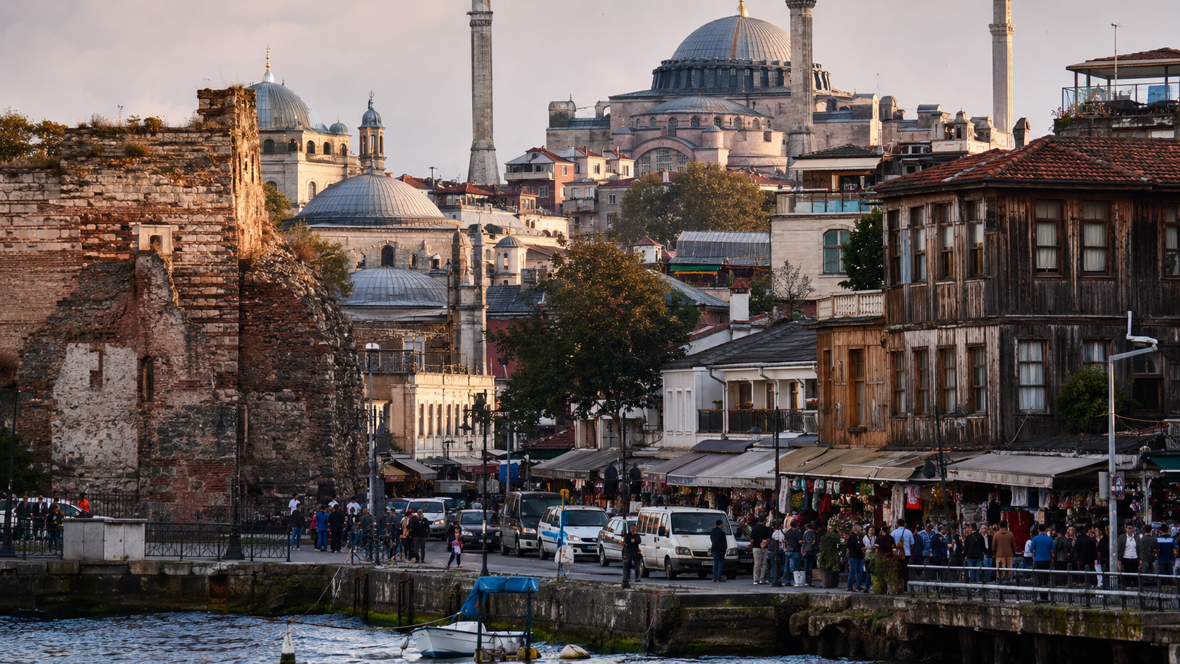 Layered Turkish cityscape with Byzantine stone, Ottoman domes, wooden houses, and market streets