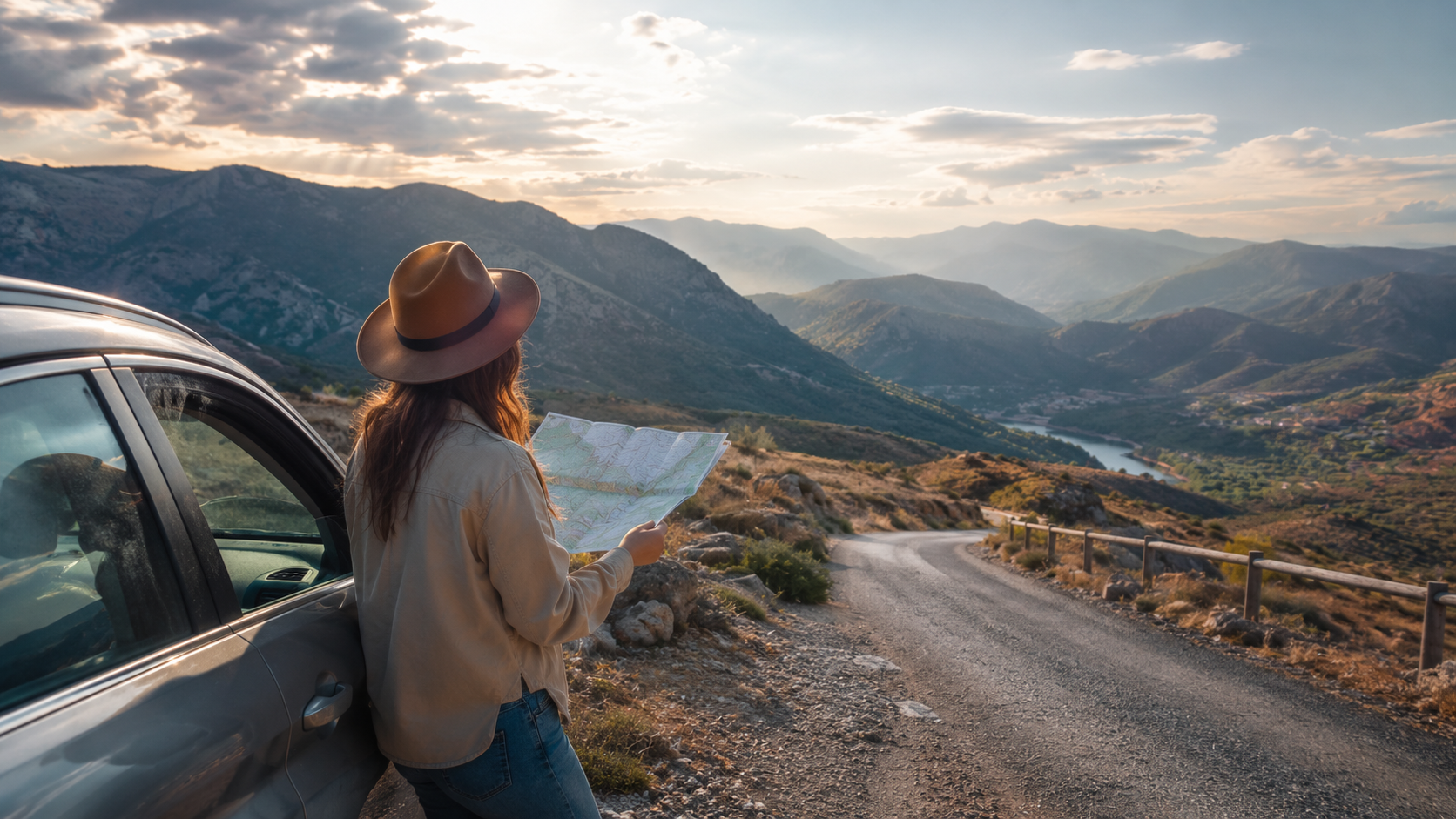 Traveler planning a nature road trip in Turkey beside a scenic mountain road