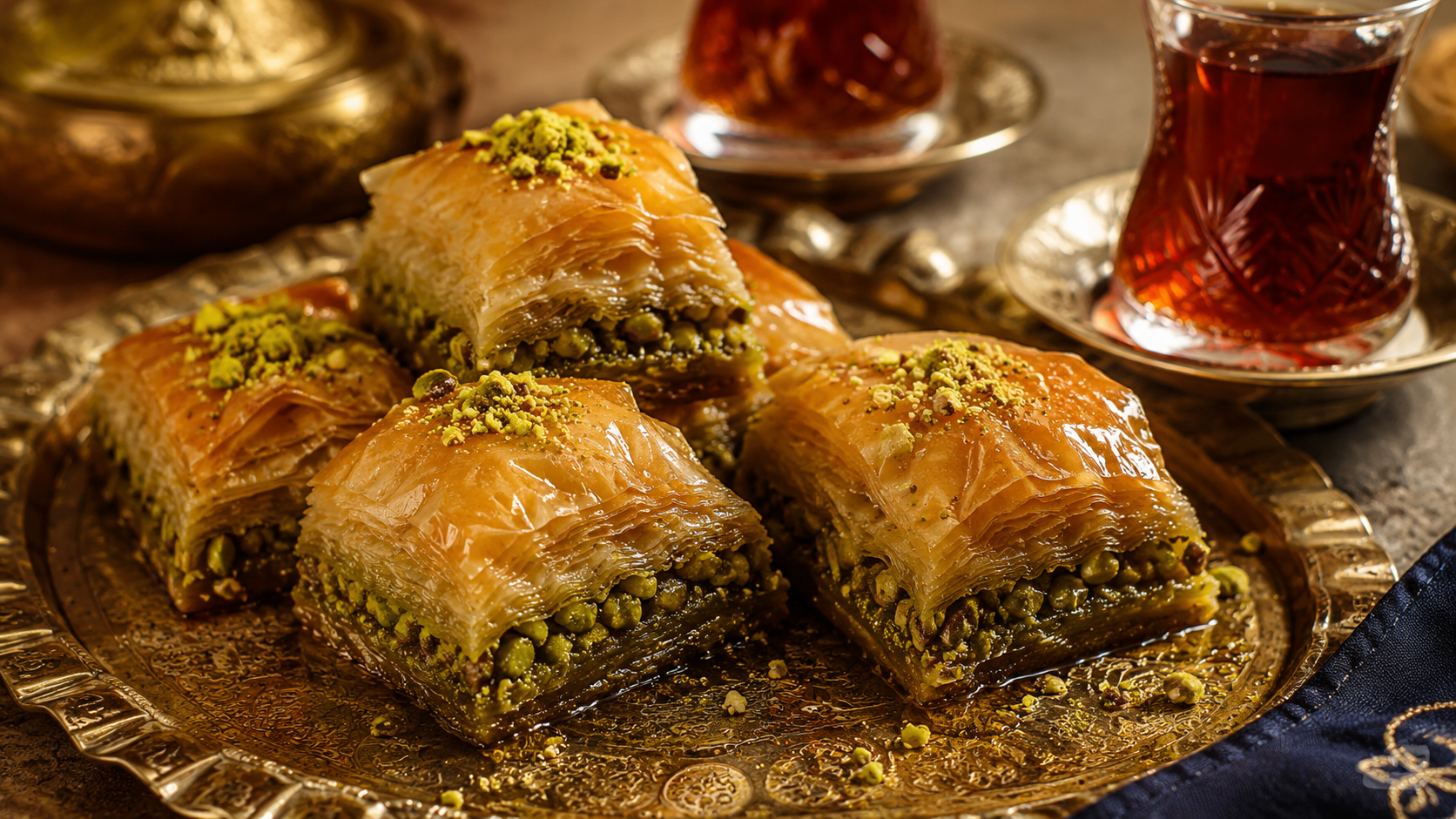 Turkish baklava with pistachios and syrup served with tea on a brass tray