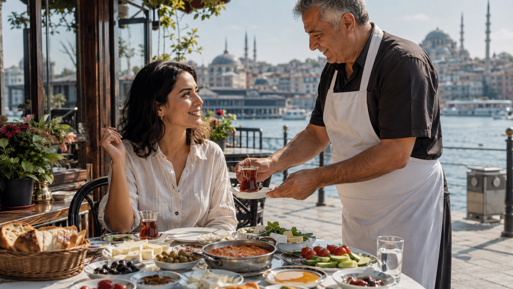 Traveler enjoying Turkish breakfast at an Istanbul cafe with tea, menemen, cheese, olives, and bread