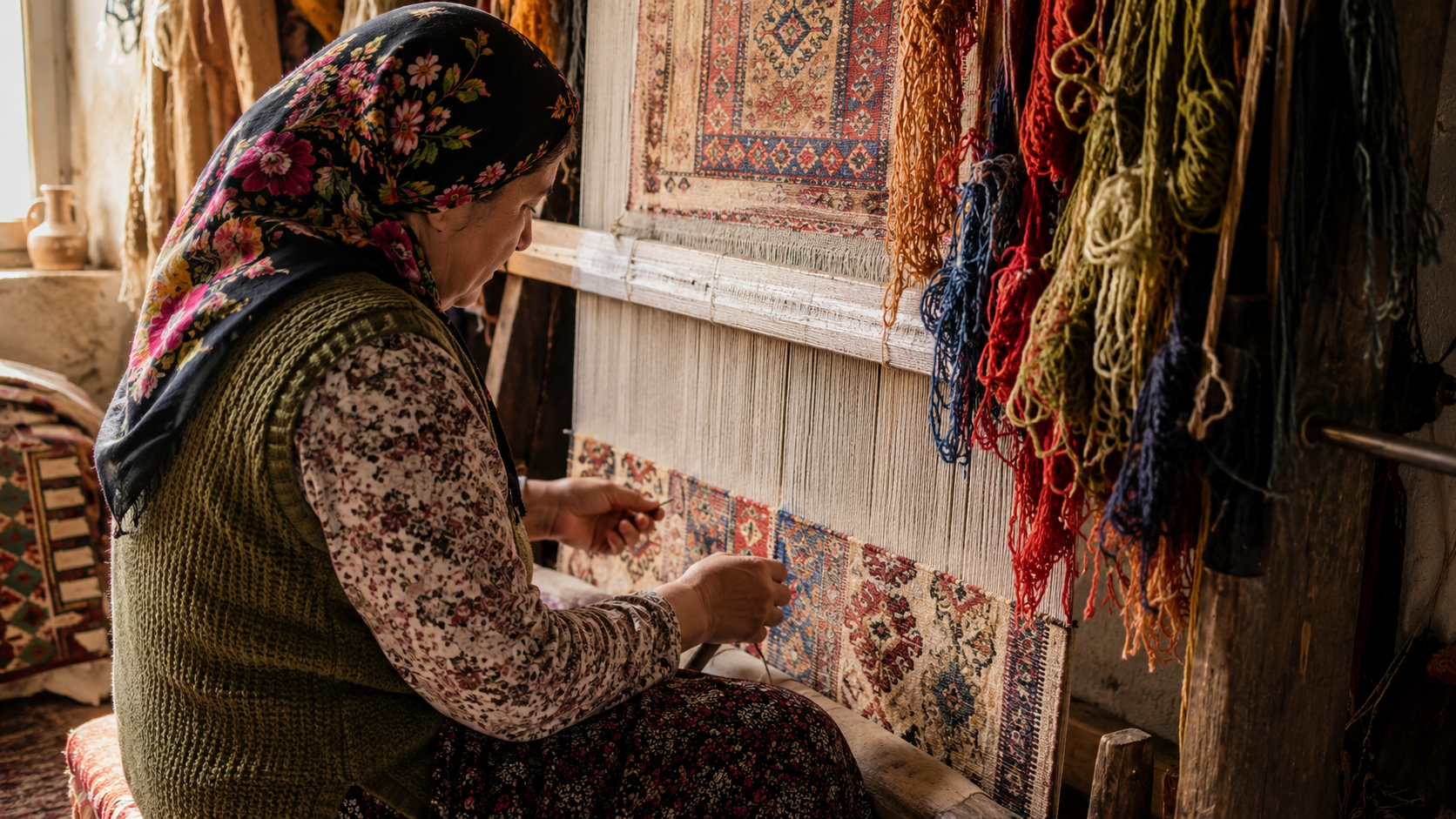 Turkish carpet weaver working at a loom with colorful wool threads in Anatolia
